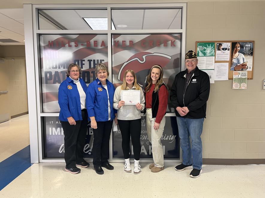 H-BC student AnnMarie Wiersema (center) was a winning essayist in the VFW’s “Patriot’s Pen” contest. Pictured are (from left) Diane Rabenberg, Roxanne Kremer, Wiersema, Lydia Scruggs and Terrie Gulden. Submitted Photo