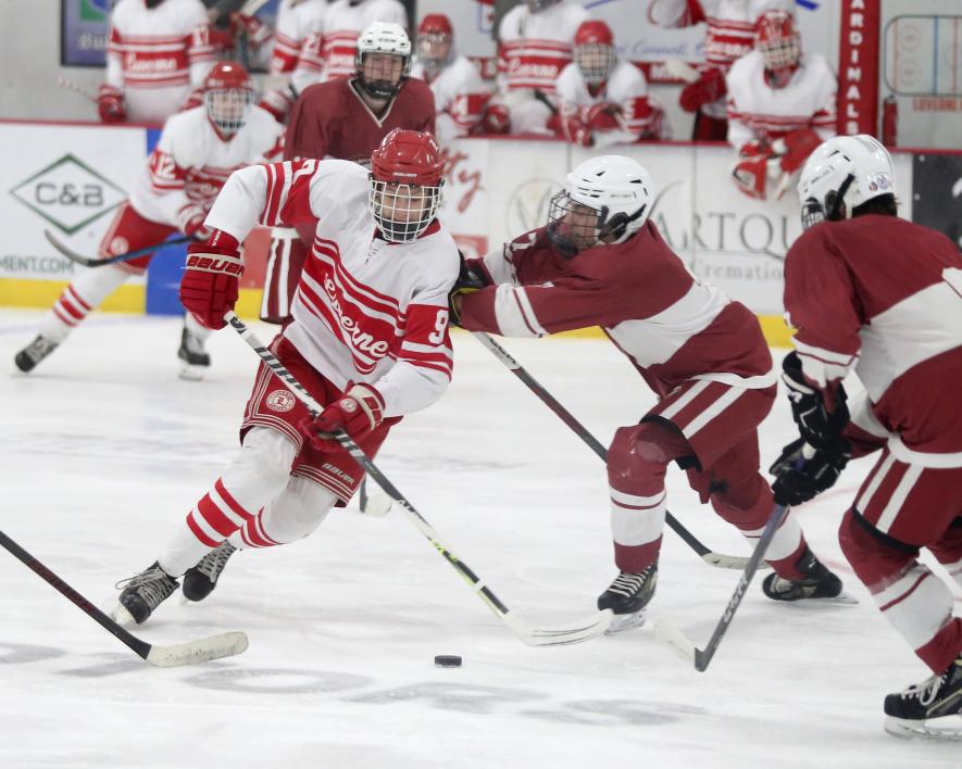 Luverne senior Owen Sudenga keeps his eyes on the puck as he drives toward the Fairmont goalie Tuesday, Jan. 2, in Luverne. The Cardinals beat Fairmont 9-0 in the game at the Blue Mound Ice Arena.