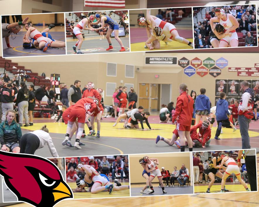 Rock CThe Luverne girls’ wrestling team participated in an all-girls tournament in Harrisburg Saturday, Feb. 3. In the center photos Luverne warms up with several teams before the tournament. Upper left to right: Sophomore Bernie Rock pins her first opponent in the tournament and takes home second place. Senior Brynn Boyenga works for hand control in her first match. Senior Julia Hoogland muscles her opponent to her back for a pin. Junior Andi Luitjens fights for an escape. Lower leftounty Star Herald Photo