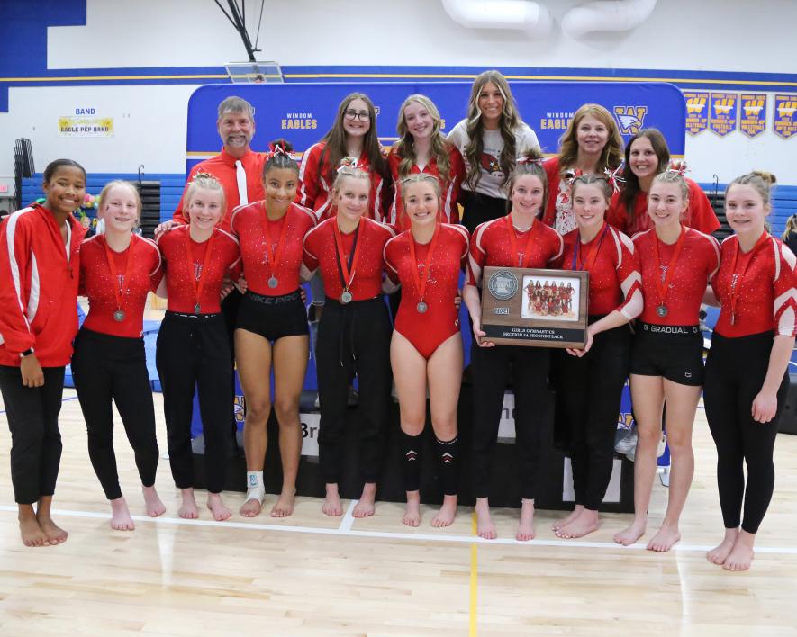 The Luverne gymnastics team captured second place at the Section 3A championship in Windom Saturday, Feb. 17. Pictured are (front, from left) Reinha John, Maesa Boyenga, Addyson Mann, Kianna Winter, Ella Reisdorfer, Gabby Nath-Huls, Kendra Thorson,  Amira Cowell, Reagan Gangestad, Emma Cowell, (back) assistant coach Chris Nowatzki, manager Brooklyn Wicks, manager Morgan Nath-Huls, manager Sarah de Cesare, head coach Phoebe Flom and assistant coach Meghan Mollberg.