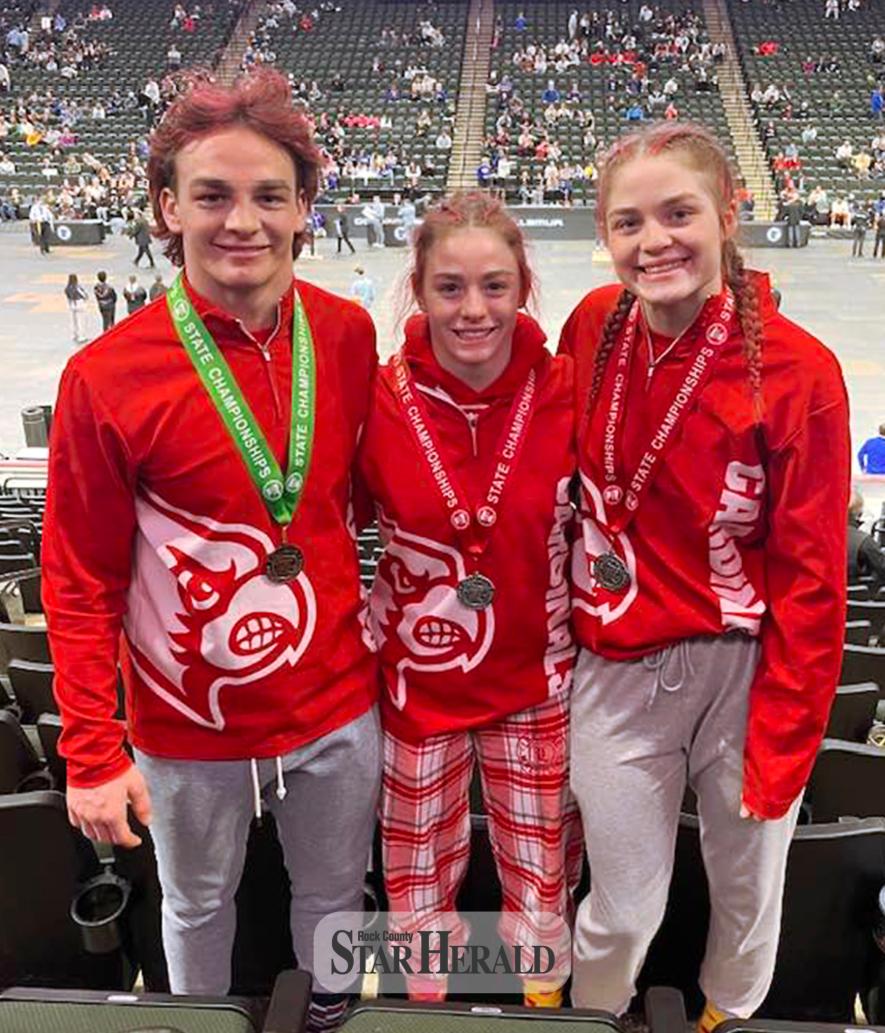 LHS wrestlers senior Sam Rock (left), sophomore Bernie Rock and freshman CeCe Rock competed in the 2024 State Individual Wrestling Tournament March 1-2 in the Xcel Energy Center. Sam placed fifth, Bernie and CeCe both took second place.
