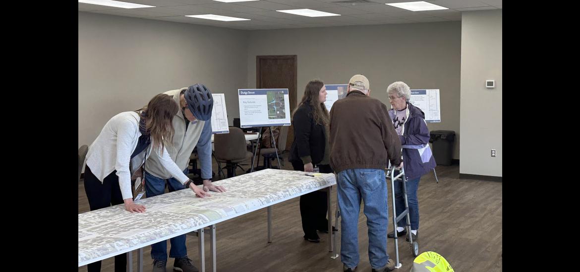 About two dozen people attended the April 23 open house at the East Main Street trailhead building to learn about the Highway 75 construction planned for 2026. Pictured are (from left) MnDOT public engagement coordinator Anne Wolff, resident Claude Van Driel, Mary Loeffler of MnDOT and residents Harold and Toni Van Wyhe. Lori Sorenson/Rock County Star Herald Photo