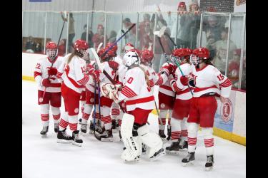 The Luverne girls’ hockey team and fans celebrate their Section 3A overtime win over New Ulm Saturday, Feb. 10, in Luverne. The Cardinals beat the Eagles 3-2 with 28 seconds left in the first overtime period and were scheduled to play Marshall Tuesday, Feb. 13, for the Section Championship in St. Peter. 