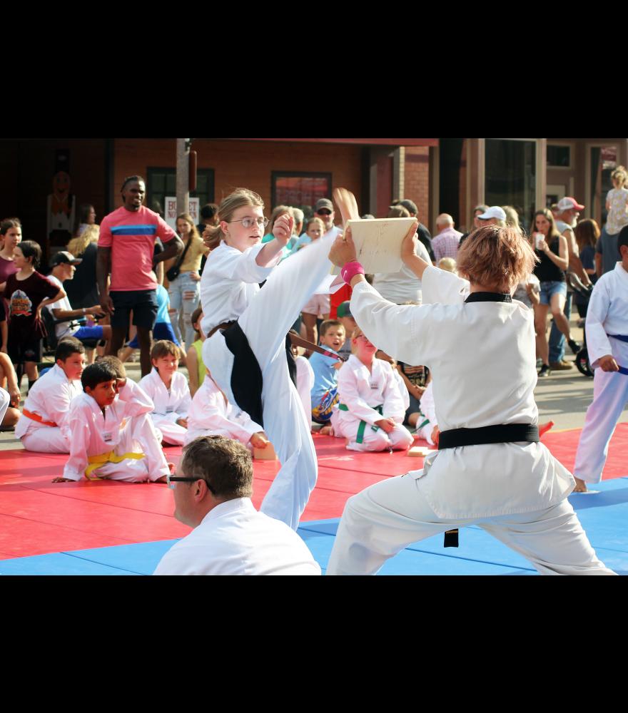 Natalia Wieneke uses a drop kick maneuver to break a pine board held by Julian Dillard during the tae kwon do demonstrations.