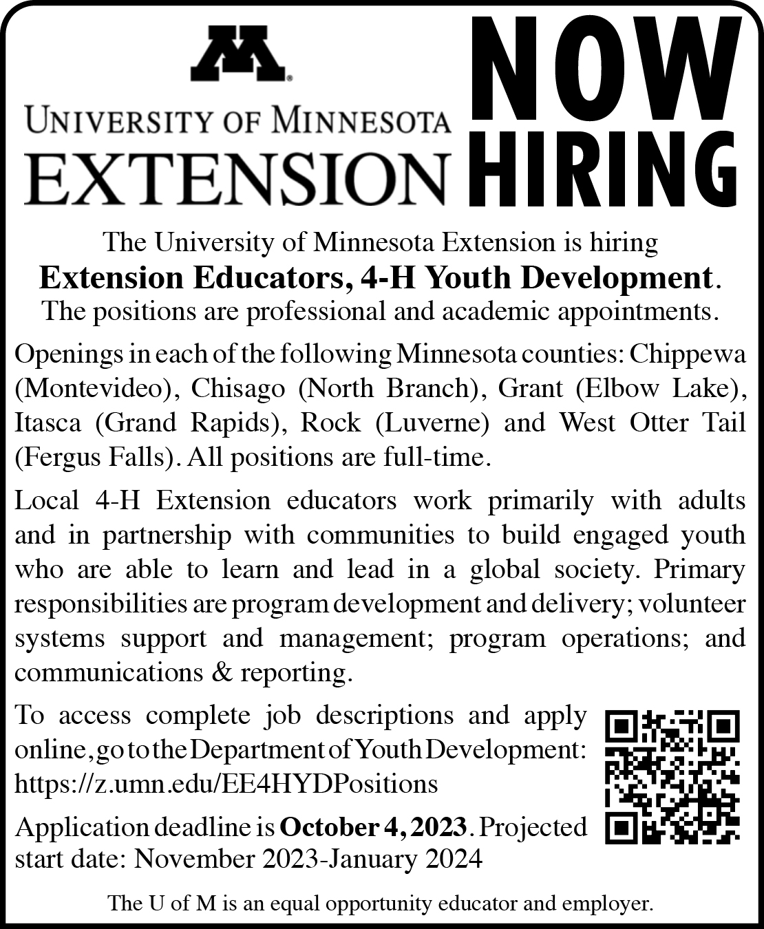 U of MN Extension - Help Wanted Extension Educators, 4-H Youth Development