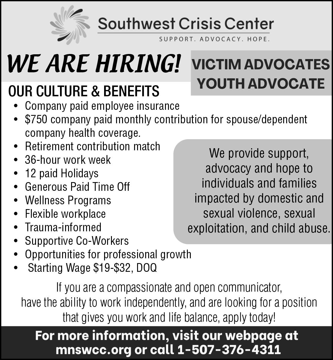 Victim Advocates / Youth Advocates - Southwest Crisis Center