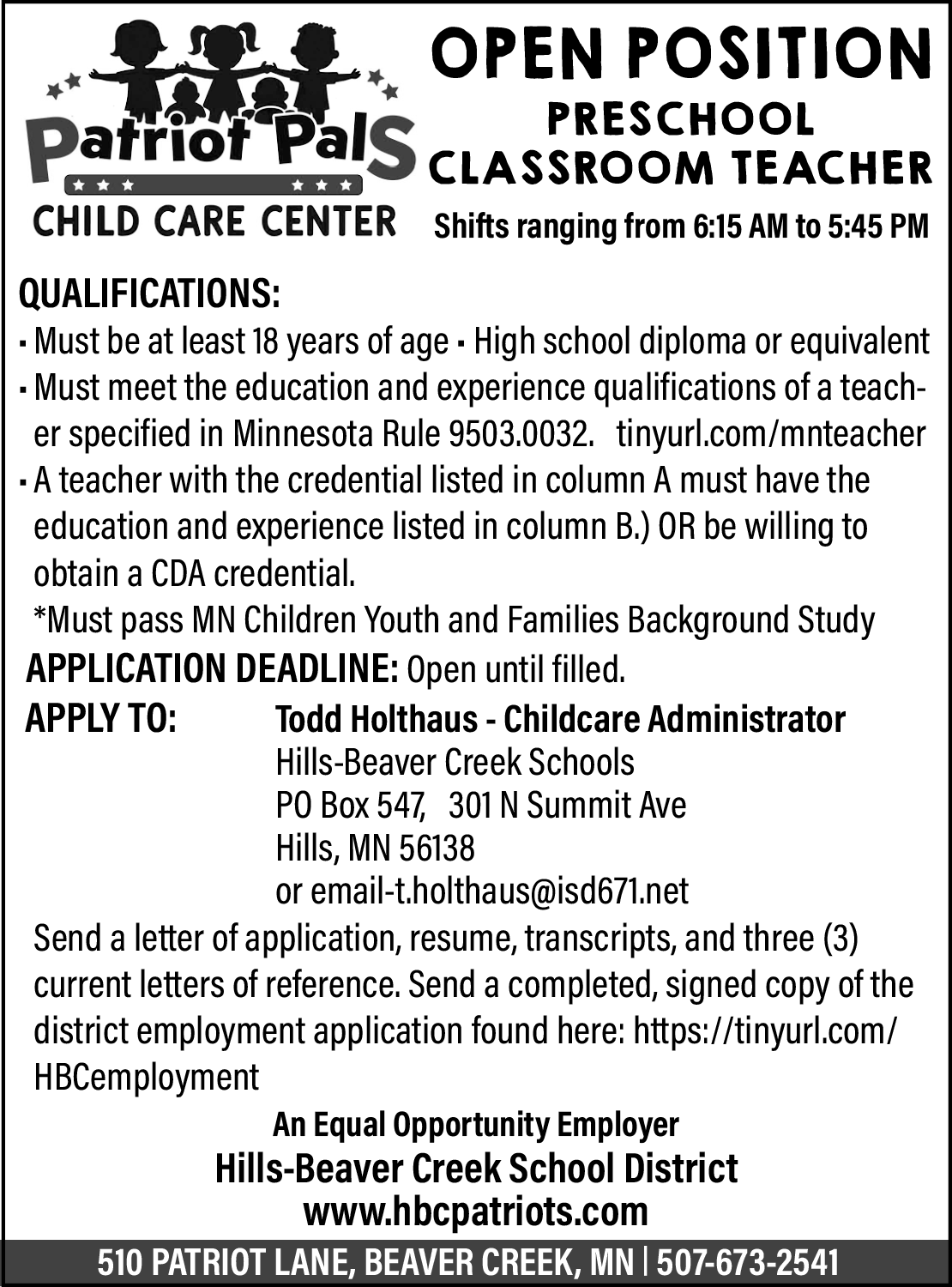 Patriot Pals Child Care Center - Preschool Classroom Teacher
