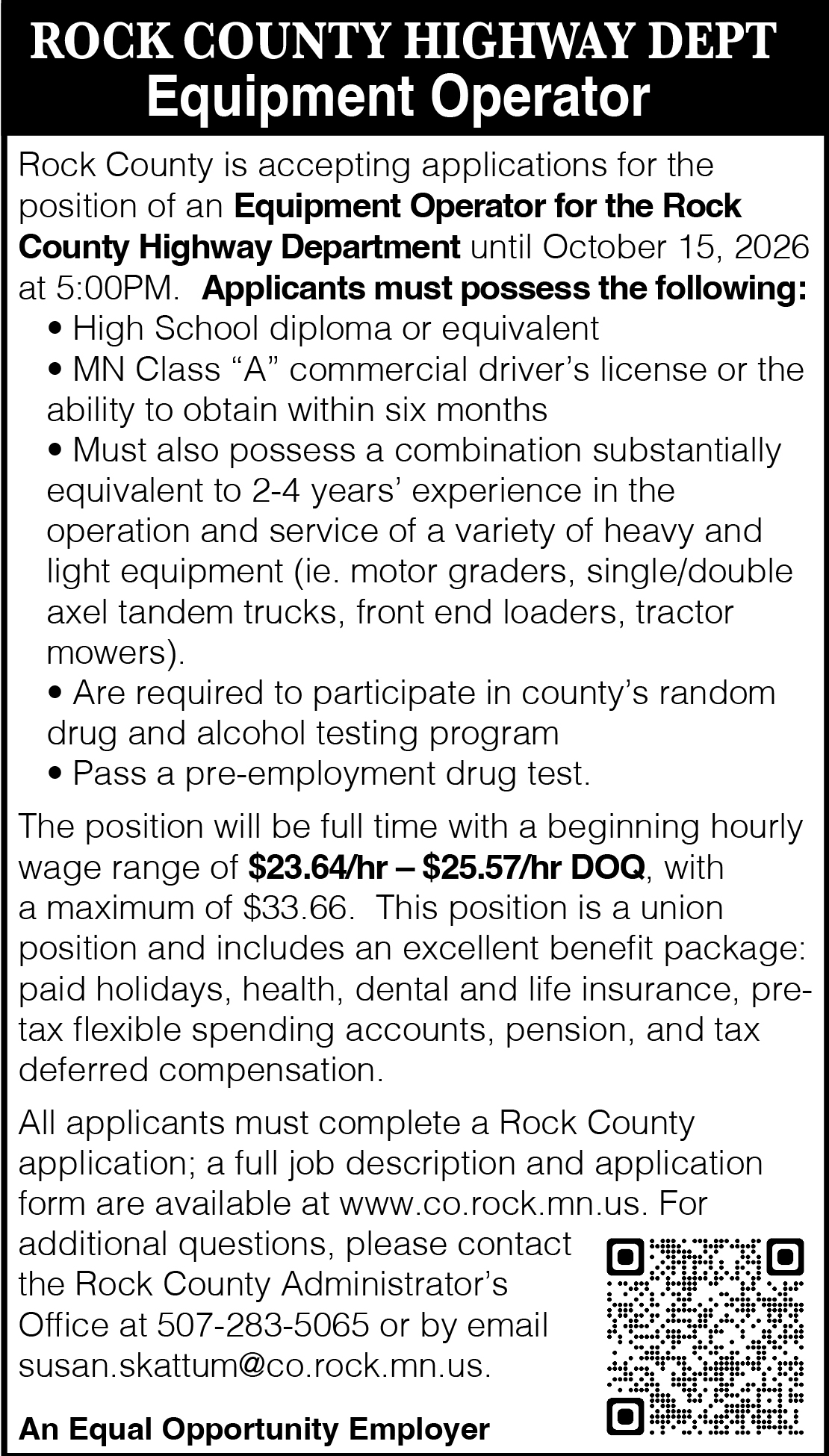 Rock County Highway Department - Equipment Operator