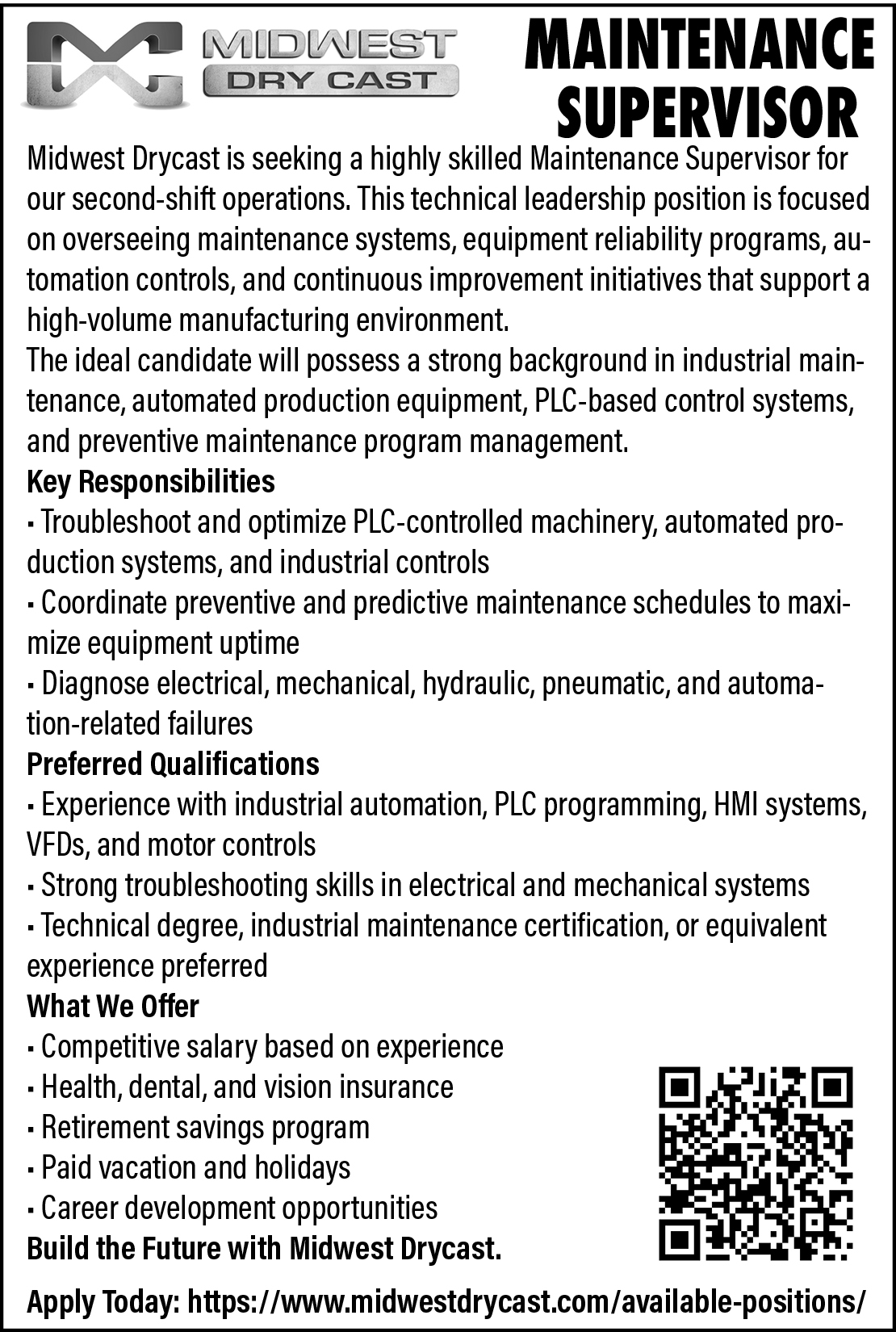 Midwest Dry Cast - Maintenance Supervisor