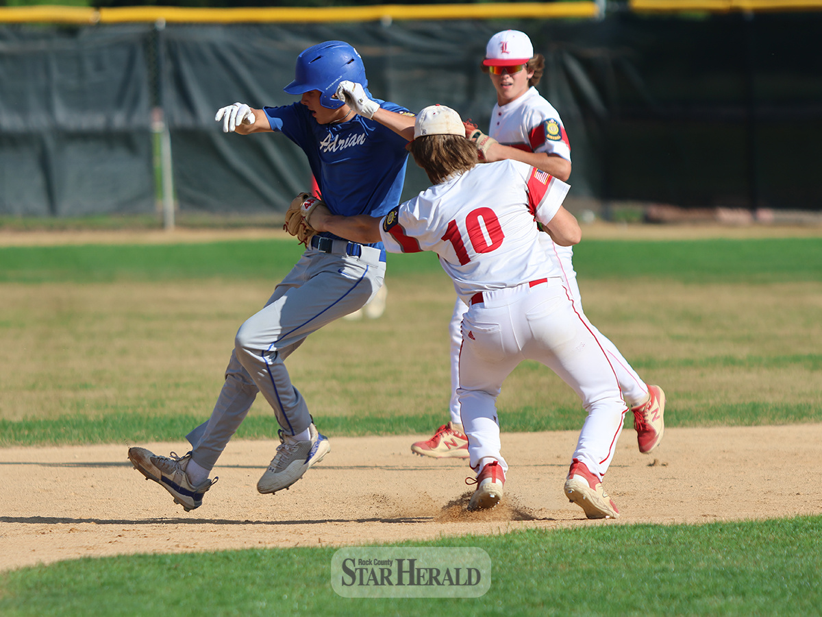 Blake Sauer places a tag on an Adrian player heading to second base. Luverne beat Adrian 7-0 at home Monday, July 8.