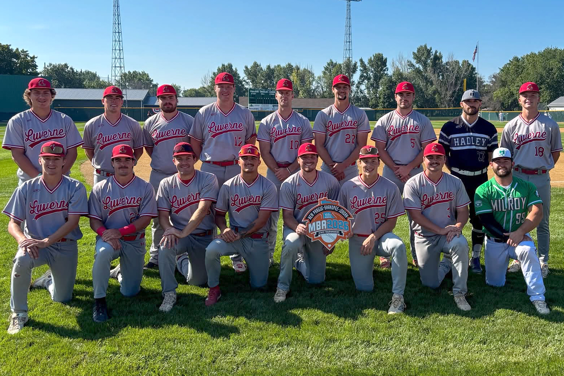 Luverne poses for a team photo before taking on Dumont at the state tournament in New Prague Aug. 23. Players are (front, left to right) Carter Sehr, Isaac Bonner, Casey Sehr, Braydon Ripka, Ethan Beyer, Blake Sauer, Cade Wenninger, Derek Smith (Milroy Irish), (back) Landon Ahrendt, Skyler Wenninger, Will Serie, Layke Miller, Derek Lundgren, Jake Haugen, Ben Serie, Tucker Sorenson (Hadley Buttermakers) and Josh Hansen.