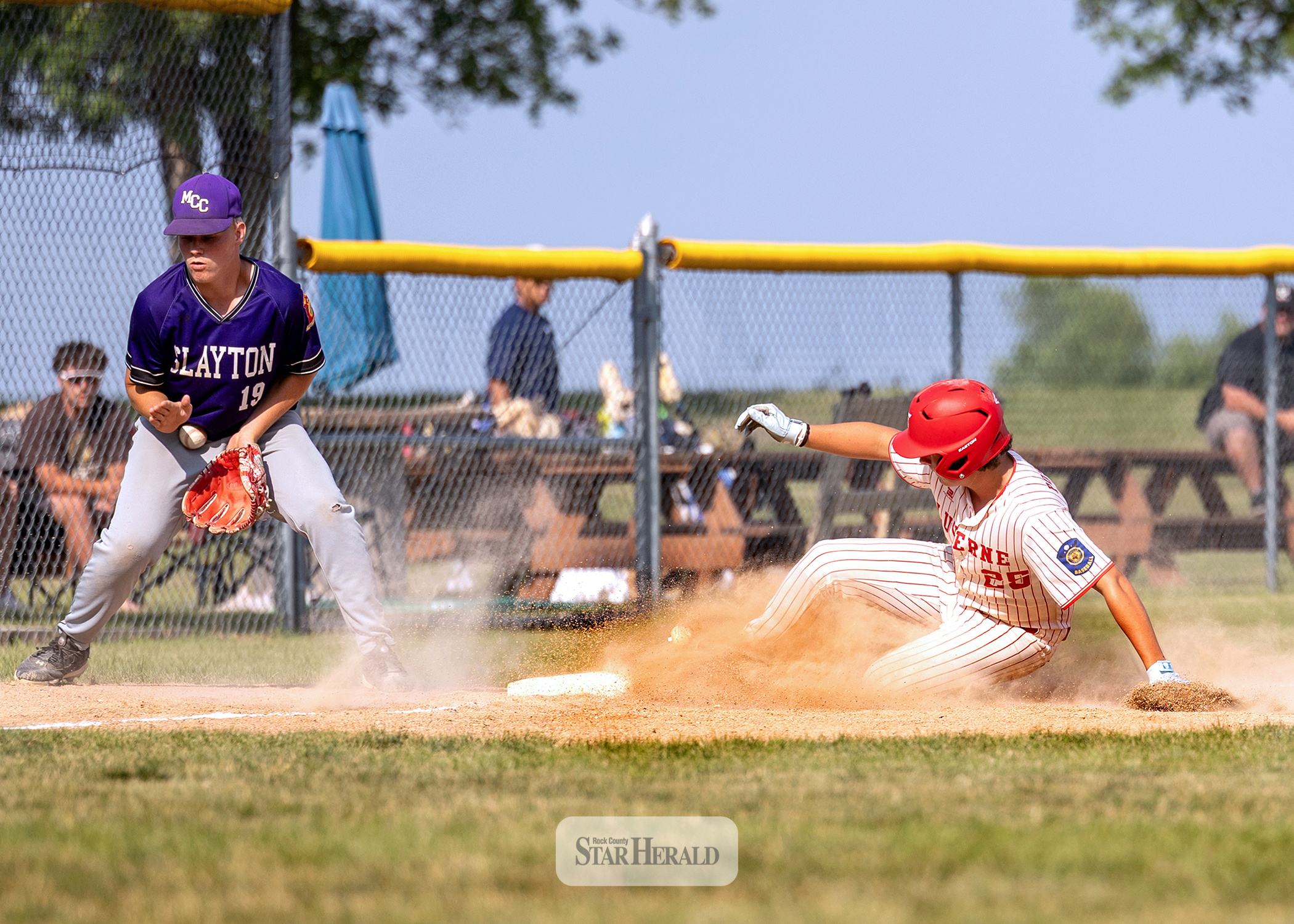 Korbin Miles slides into third base safely against Slayton in Division II Sub-State Tournament action July 21 in Ruthton. Luverne fell 6-4 ending their playoff run. Greg Hoogeveen photo/JuniorLegion1