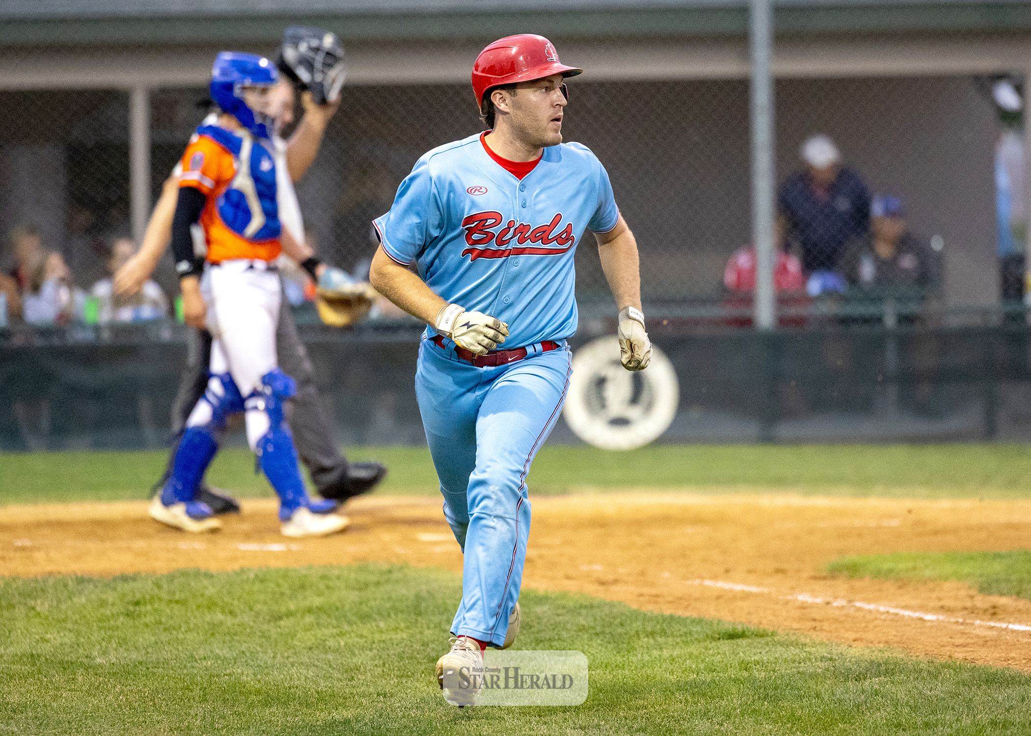 Redbirds Casey Sehr watches as his hit falls to the ground in center field against Sioux City Friday, July 24. The Redbirds fell 14-0 to the Squirrels in exhibition play at Redbird Field. Greg Hoogeveen photo/Redbirds1
