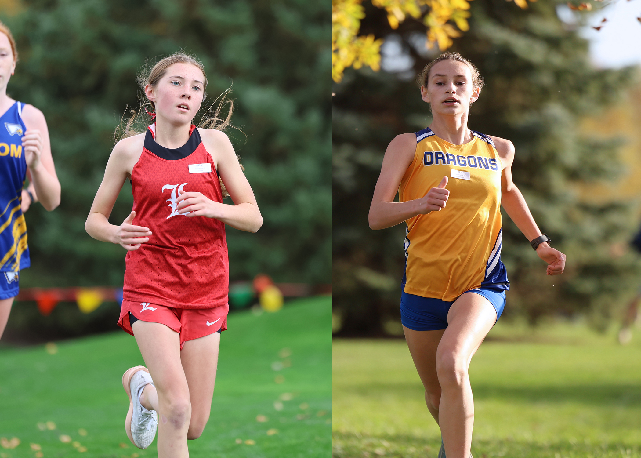 Greg Hoogeveen photos/XC1 Left: LHS eighth grader Tyleigh Hood paces herself halfway through the race. Right: A-E eighth grader Charlotte Lichter heads for the finish line in the girls varsity 5,000-meter race.