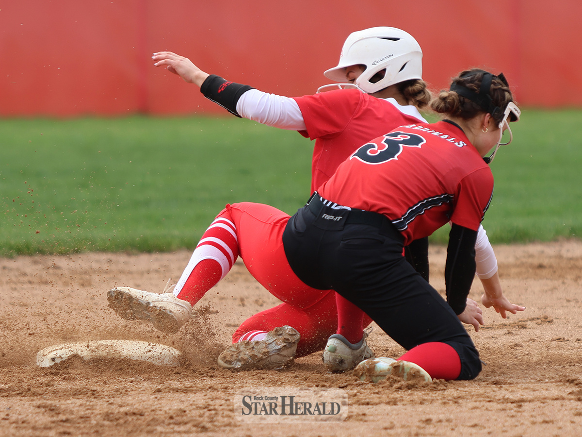 Junior Payton Behr steals second base safely against Redwood Thursday, May 2, in Luverne. LHS beat Redwood 12-2 and 13-3 in the doubleheader.