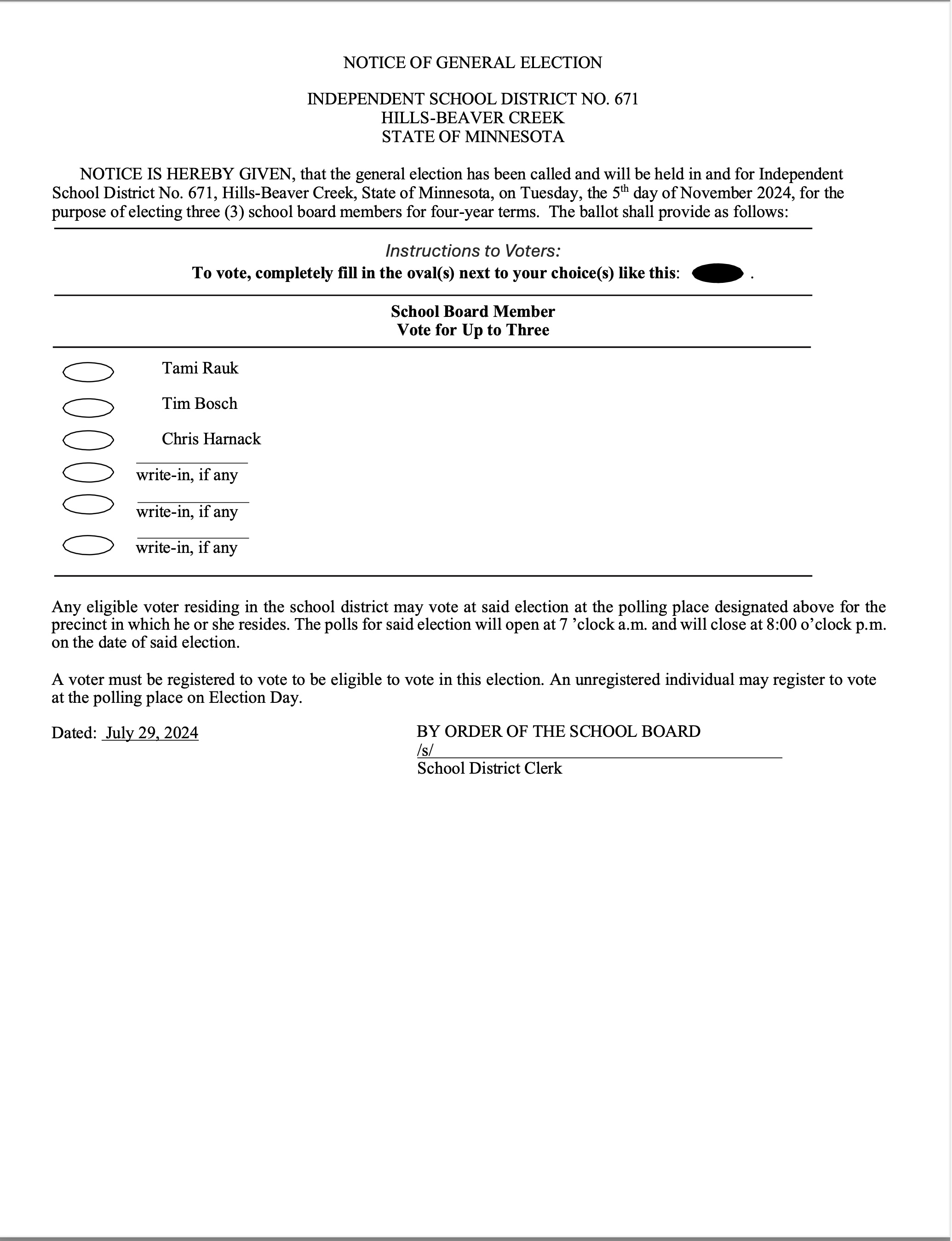 ISD 671 Notice of General Election