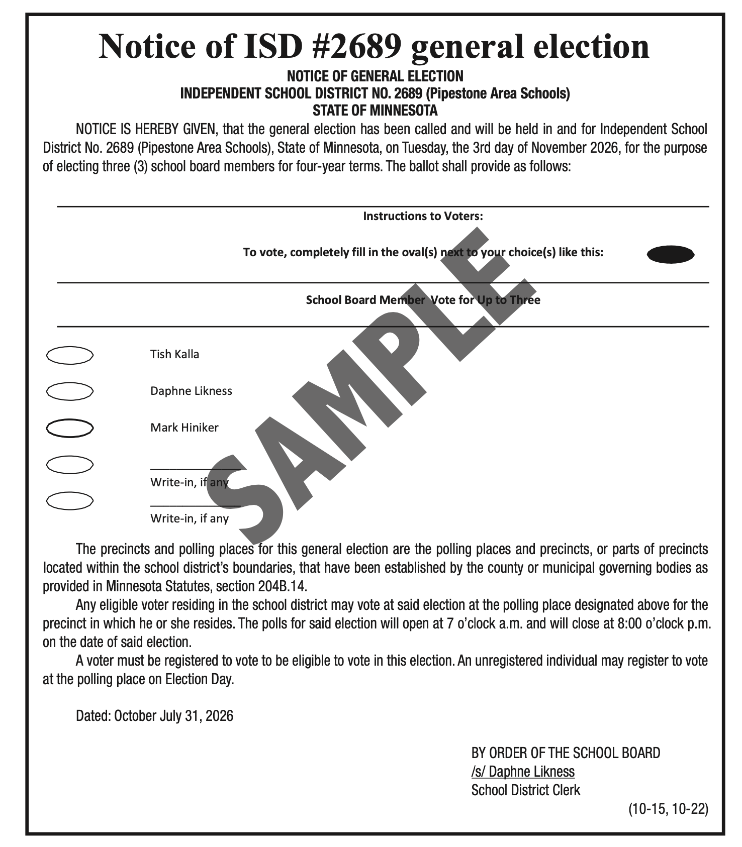 Notice of general election for ISD 2689