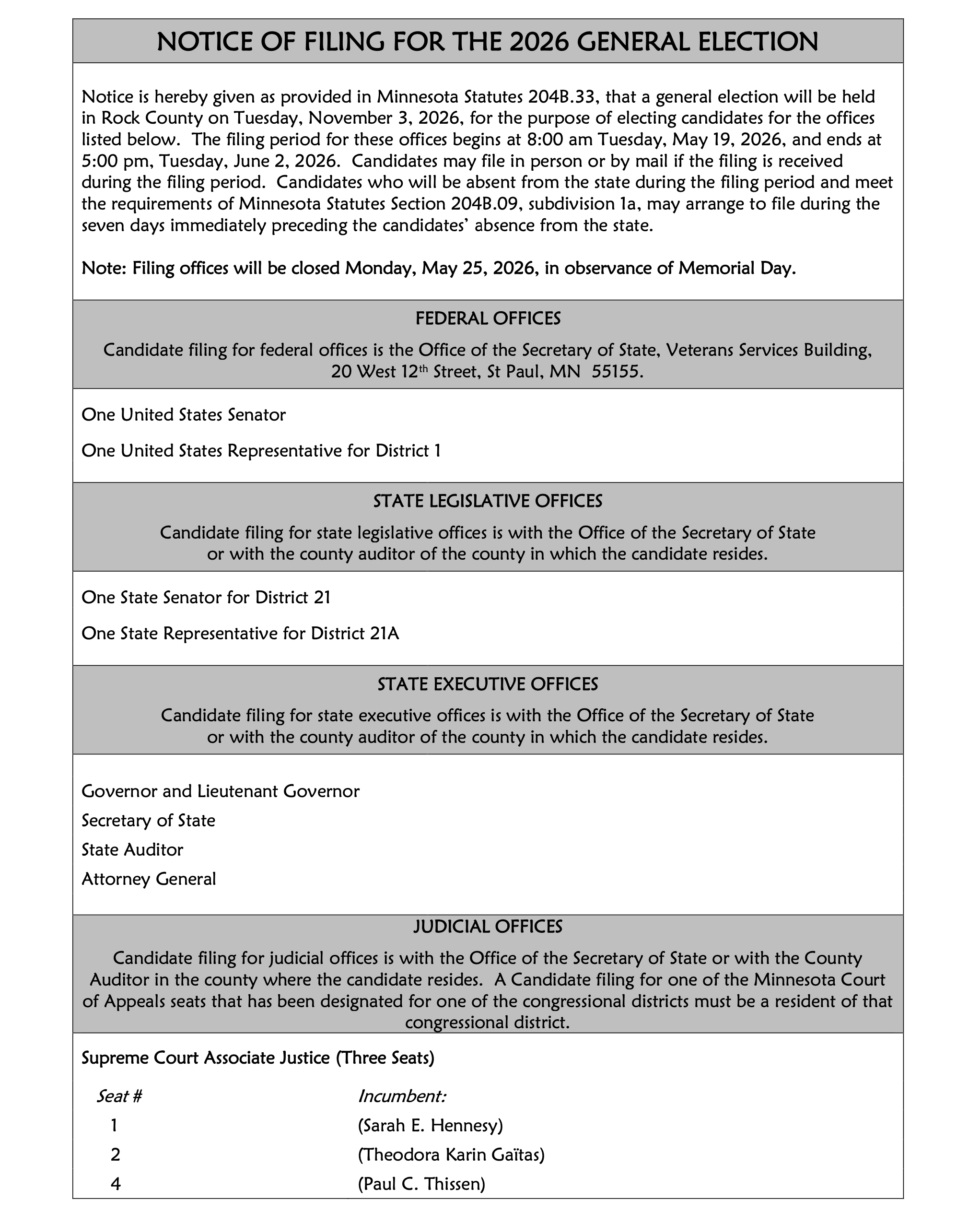 Notice of filing for general election 2026