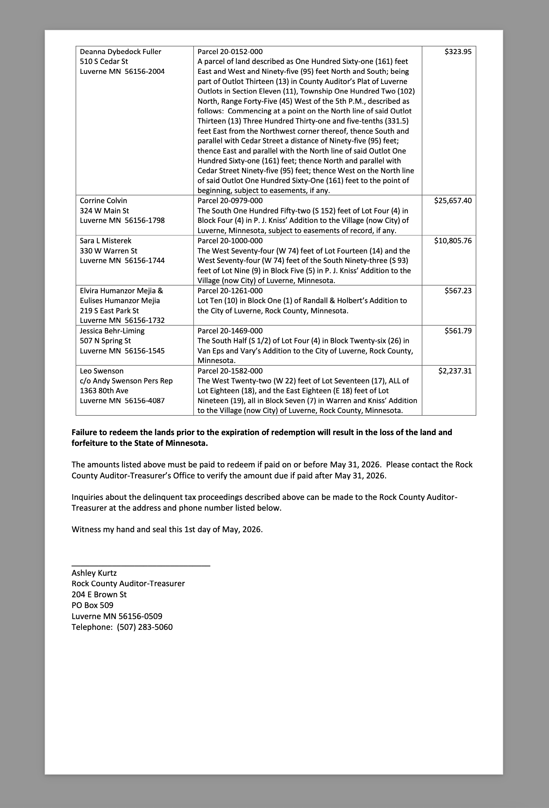 Notice of expiration of redemption