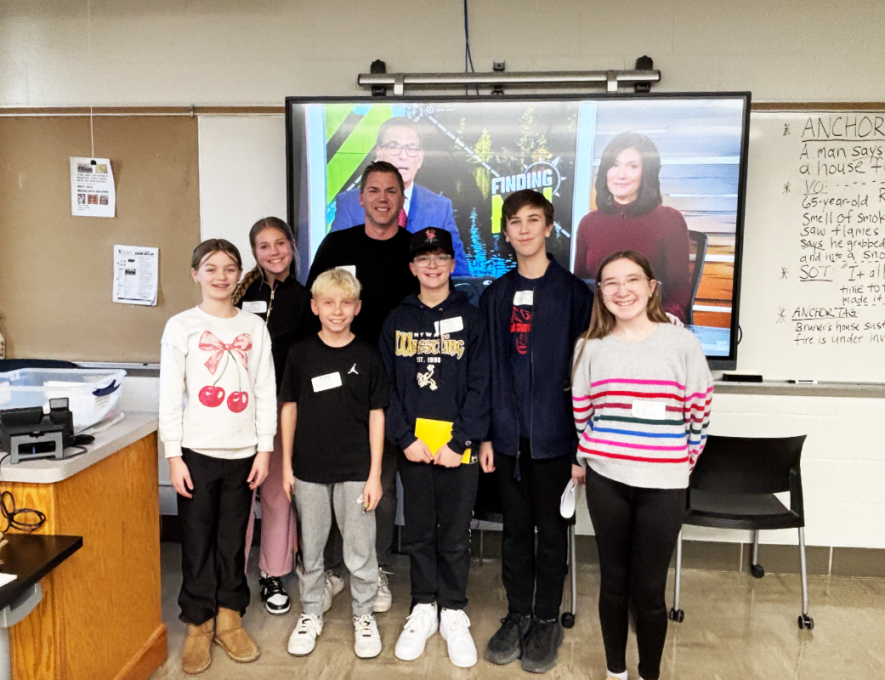 Among the 30 Luverne Middle School students participated in a Young Writer’s Conference Jan. 6 in Marshall are (front, from left) Calla Thone, Miles Hanenburg, Axel Scarset, Oliver Carbonneau, Ella Larsen, (back) Addi Petersen and WCCO Radio’s John Lauritsen. Submitted photo