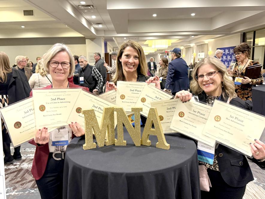 Reporter Mavis Fodness (from left), editor Lori Sorenson and designer and production manager Heather Johnson represented the Rock County Star Herald Jan. 29 and 30 at the Minnesota Newspaper Association Convention in Brooklyn Park. They are pictured at the awards reception Thursday night at the Minneapolis Marriott Northwest.
