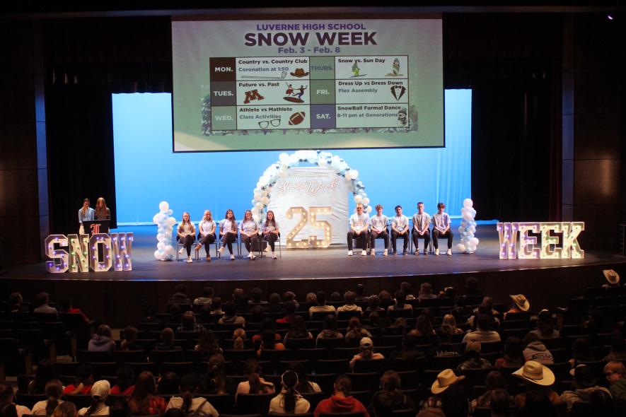 Snow Week coronation took place Monday afternoon in the Luverne High School performing arts center. Hosts were (at podium, left) Ella Schmuck and Anna Banck. Queen and king candidates included Piper Wynia, Kylie Vander Lugt, Maria Rops, Caitlin Kindt, Amira Cowell, Keaton Ahrendt, Zach Brown, Marcos Diaz, William Johnson and Sage Viessman. Mavis Fodness/Rock County Star Herald Photo