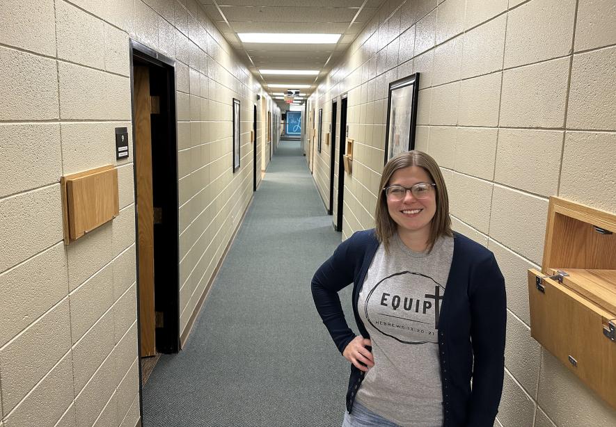 Brooke Van Essen is pictured in the hallway between lower-level classrooms of the American Reformed Church, which will house the Equipt Christian School in Luverne when the 2025-26 school year begins this fall. Lori Sorenson/Rock County Star Herald Photo