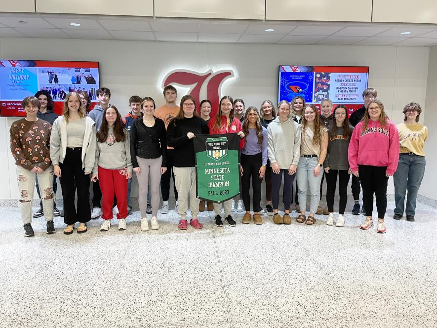 Students in Amy Sahly’s English classes competed in the Fall 2023 Vocabulary Bowl, with Luverne High School earning the state championship with the completion of 11,000 words. Posing with the championship banner are (front row from left) Zoey Berghorst, Cassi Chesley, Emma Lusty, Skylar VanderSteen, Hallie Pergande, Zariah Holmgren, Sarah deCesare, Ella Reisdorfer, Anika Boll, Madison Hansen, Caitlin Kindt, (back) Brendan Eidem, Liam Murphy, Sage Viessman, Zach Brown, Conner Connell, Belle Smidt, Payton Beh