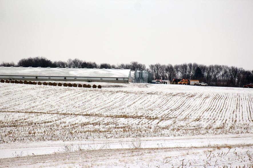 Three area fire departments and the Rock County Ambulance responded to a hog barn fire northeast of Steen at 1:50 p.m. Friday, where one person was reported injured. The empty barn at the corner of 41St Street and 120th Avenue had a previous fire on Feb. 5. Mavis Fodness/Rock County Star Herald Photo