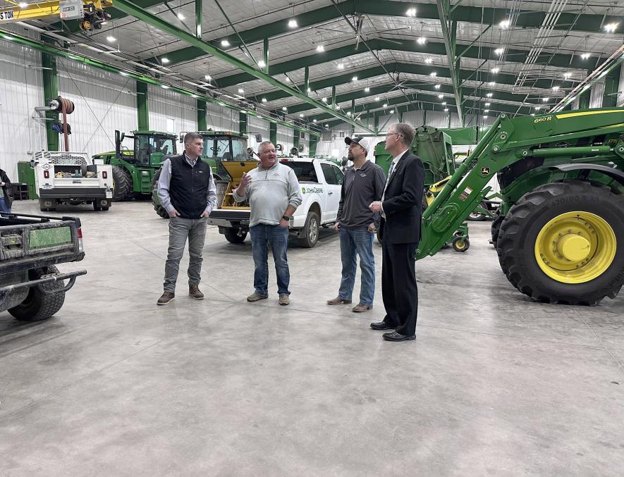 Rep. Brad Finstad (left) visited C&B Operations Friday afternoon where he toured the facility and met with implement dealership officials and local farmers. He’s pictured with (from left) Eric Sandbulte and Jeremy Wolf of C&B and Matthew Larsgaard, president and CEO of Pioneer Equipment Dealers Association. Lori Sorenson/Rock County Star Herald Photo