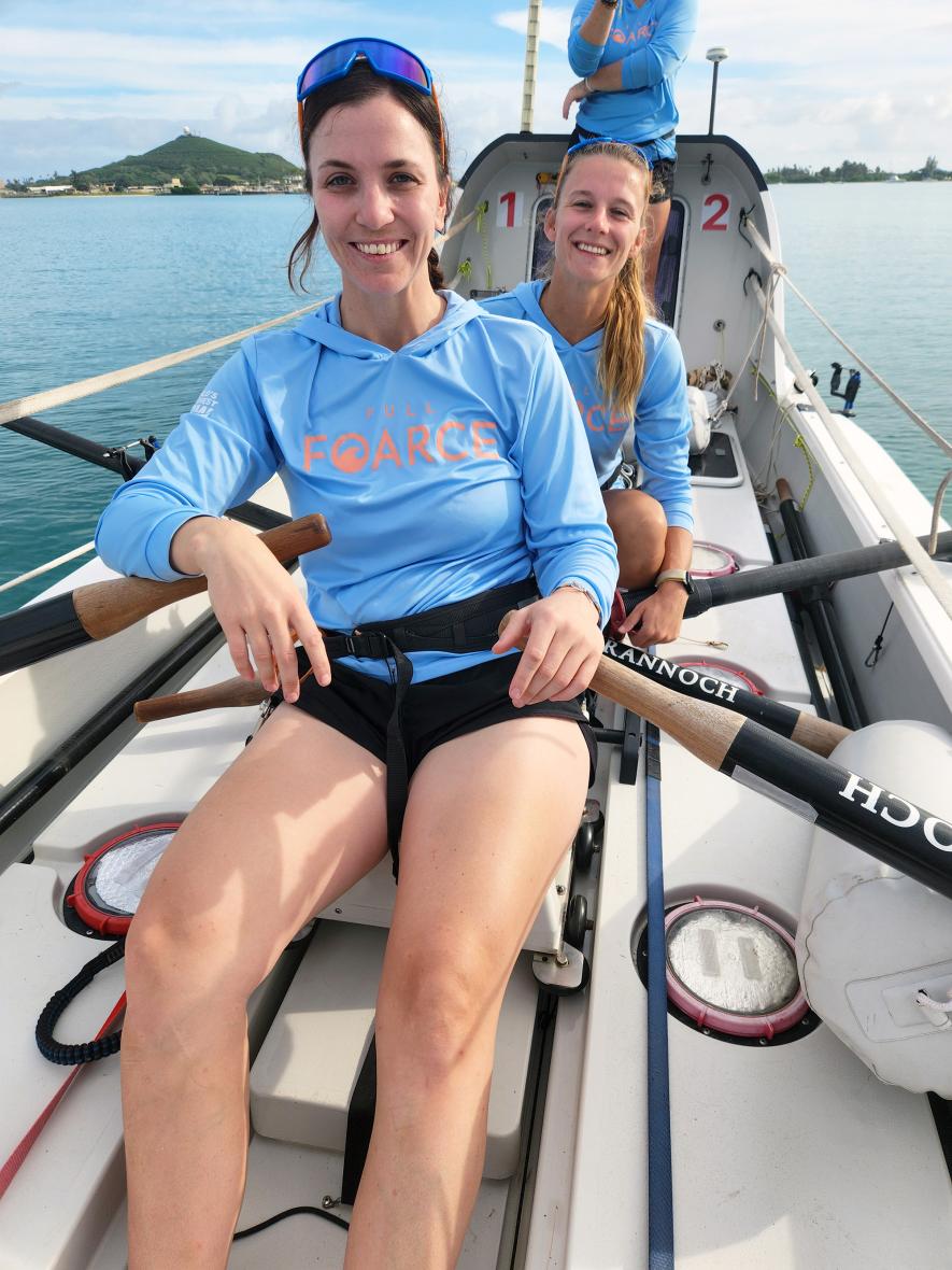 Caitlin Miller poses for a picture with her rowing partner, Laura Newton, who along with Elaina Loveless and Cassidy Hurd (not pictured) will row the 28-foot boat called the “Spitfire” from Monterey, California, across the Pacific Ocean to Hanalei Bay, Hawaii, beginning Saturday, June 8. Their team name is Full FOURce. Mavis Fodness/Rock County Star Herald Photo