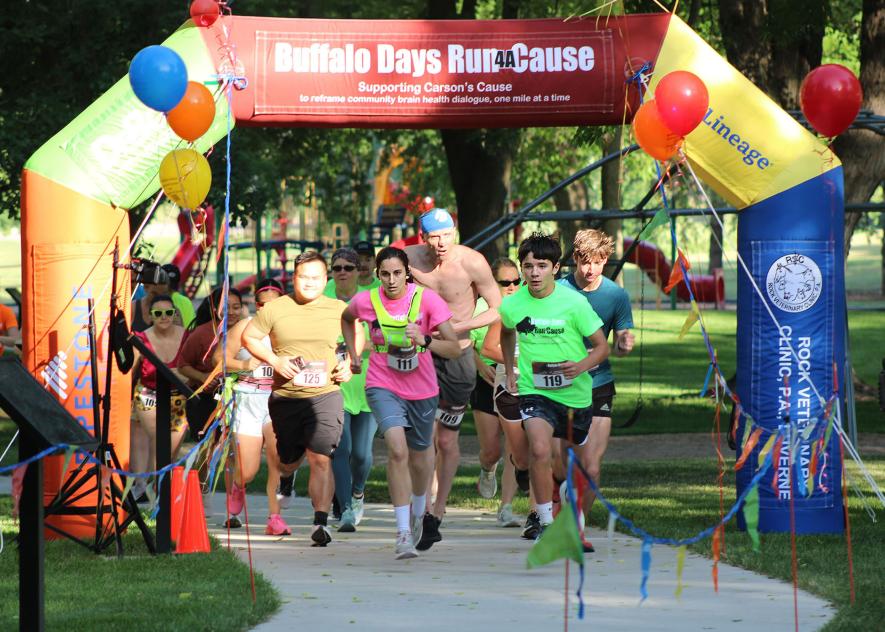 Runners bolt from the starting line of the Buffalo Days Run 4A Cause 5K event Saturday morning in the Luverne City Park. Pictured in front are Ana Hagen and Kane Waddington in front, followed by Lay Verpaw (left), Josh Scholten and Caleb Schunk. 