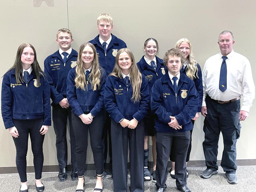 Installed as Hills-Beaver Creek High School FFA Chapter officers for the upcoming 2024-25 school year are (from left) Bailey Spykerboer, Blake Leenderts, Hailey Moser, Jack Moser, Claire Knobloch, Emma Deelstra, John Tiesler, Brynn Bakken and FFA adviser Paul Opheim. Submittted Photo