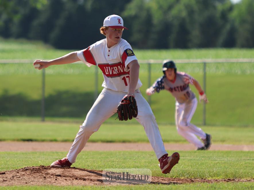 Maddox Miller delivers a pitch to a Pipestone batter Monday, June 24, in Luverne as a baserunner tries to steal second. The runner was thrown out and Luverne won the game 11-5.