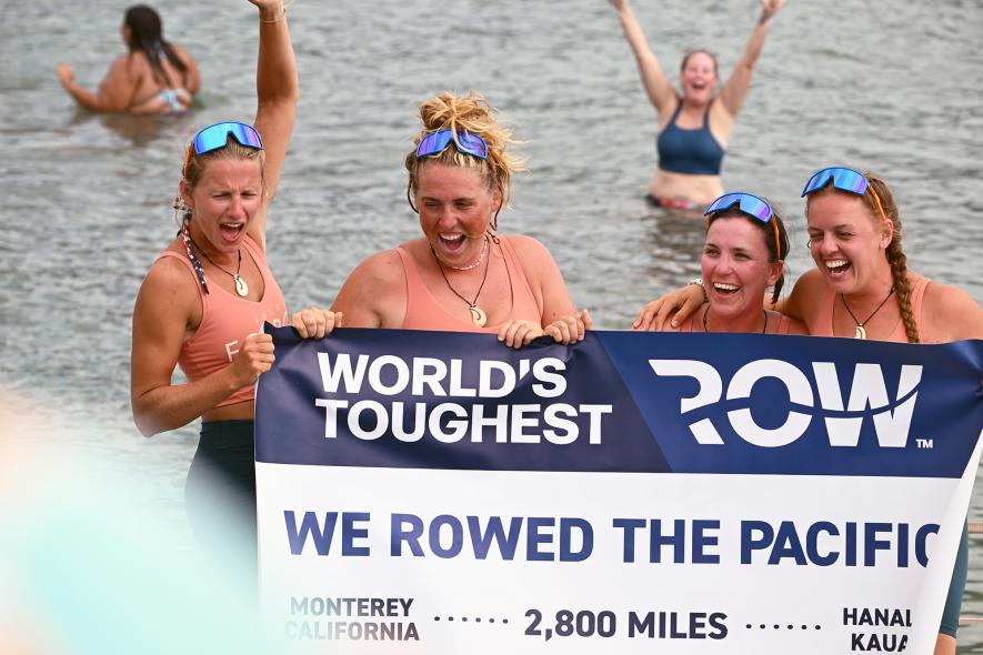 The four-woman team called “Full FOARce” finished rowing 2,800 miles. The team included Hardwick native Caitlin Miller as one of its oarsmen. Pictured (from left) are Laura Newton, Elaina Loveless, Miller and Cassidy Hurd. Photo courtesy of Alex Miller