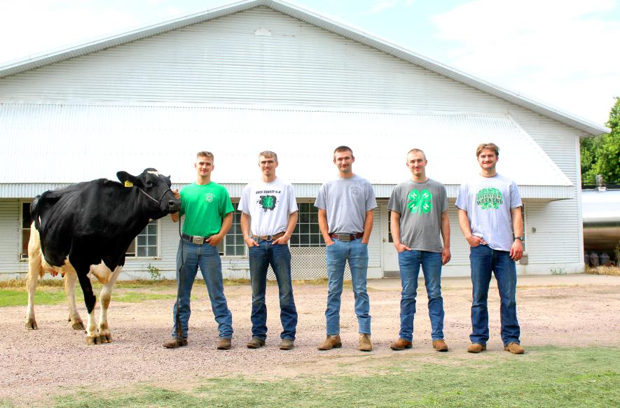 Since 2004 at least one son of Philip and Theresa Raak has shown a dairy heifer and/or cow at the Rock County Fair. The Raak brothers are (from right) Matthew, Andrew, Joshua, Jacob and Caleb, whose 4-H participation sunsets after this week’s Rock County Fair. Mavis Fodness/Rock County Star Herald Photo