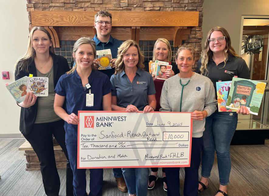 Pictured are (front row, from left) Claire Johnson, clinic nurse supervisor at Sanford Luverne; Melissa Fick, Minnwest Luverne market president; Danielle Lafleur, LPN at Sanford Luverne; (back) Minnwest employees Sara Vant Hof, Matt Overgaard, Dana Klay and Paige Sandbulte. Submitted photo