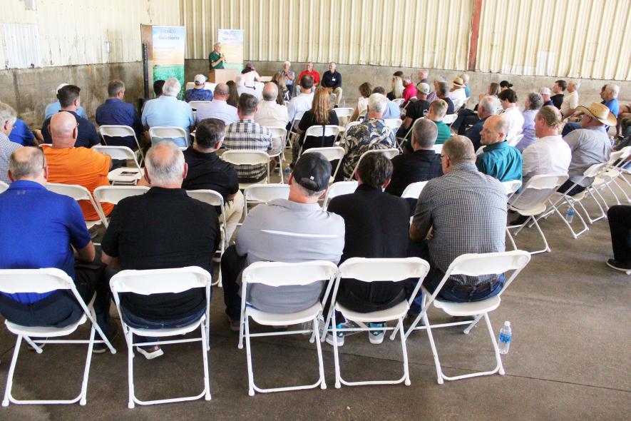 Jeff Bonar with CapCO2 Solutions speaks with attendees at an open house Wednesday afternoon, Aug. 20, at the Agri-Energy plant west of Luverne. Bonar introduced a new partnership that will take the carbon dioxide emitted by the plant and convert it to green methanol, a fuel commonly used in cruise ships. Mavis Fodness/Rock County Star Herald Photo