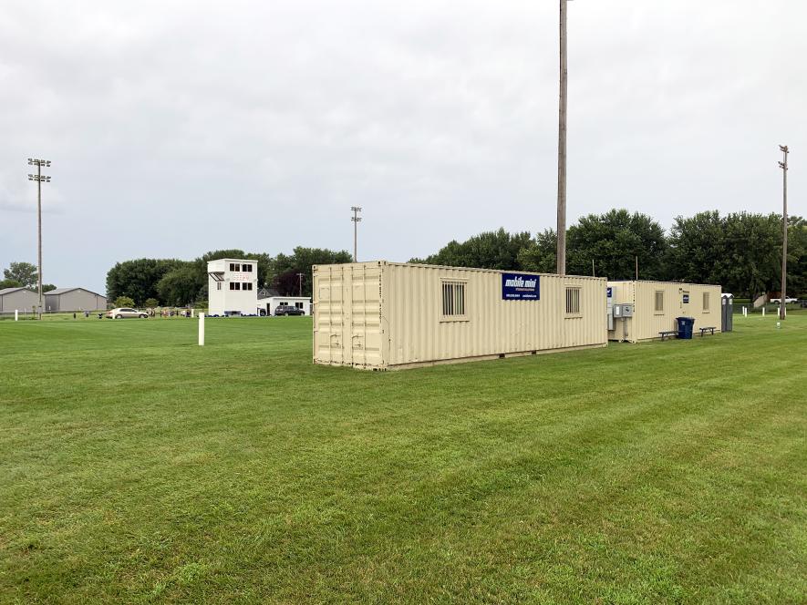 Three portable construction office containers were recently moved to the Hills-Beaver Creek football field for use as locker rooms as construction continues at the Hugo Goehle gymnasium in Hills. The containers have heat and air conditioning. Setup and lease of the containers will cost the district $10,000 for three months of use. Mavis Fodness/Rock County Star Herald Photo