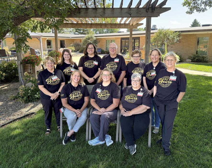 The Hills Tuff Memorial Home staff members all played a role in the facility’s perfect five-star rating through the Centers for Medicare and Medicaid Services. Seated are (from left) Tuff Home administrator Katie Kendall, director of nursing Dana Huisman, executive director Jane Blank, (standing) Glenda McGaffee, life enrichment director Jocelyn Jacoby, social services designee Emily Baatz, Dennis Boese, environmental services director Judy DeNoble, dietary manager Kelly Hellerud and Sandy Bush. Not picture