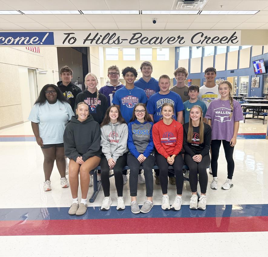 Hills-Beaver Creek Secondary School will conduct coronation for homecoming king and queen at 7 p.m. Monday, Sept. 15, in the school gymnasium in Hills. Pictured are (front, from left) queen candidate Ella Sammons, queen candidate Mya Erickson, mistress of ceremonies Abigayl Olson, queen candidate Claire Knobloch, queen candidate Abigail Harris, (second row) sophomore representative Norah Top, junior representative Brynn Bakken, king candidate Eduardo Wegener, king candidate Gavyn Leuthold, freshShared Image