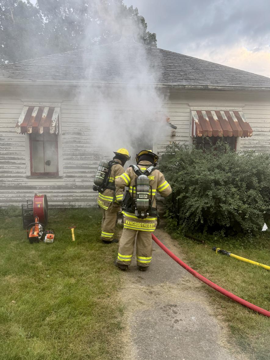 Luverne firefighters practice emergency response methods Monday, Sept. 1, during a controlled burn of a house at 716 N. Spring Street. A new house will be built on the city-owned lot by Luverne High School students through the Today and Tomorrow’s Tradesmen (TnT) class.