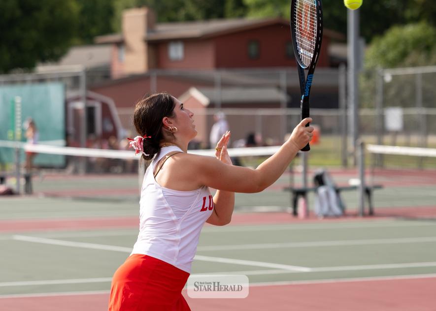 Greg Hoogeveen photo/0917LHStennis1 Luverne junior Autumn de Cesare returns a serve against her Fairmont opponent Sept. 8 at home. Fairmont beat LHS 7-0.