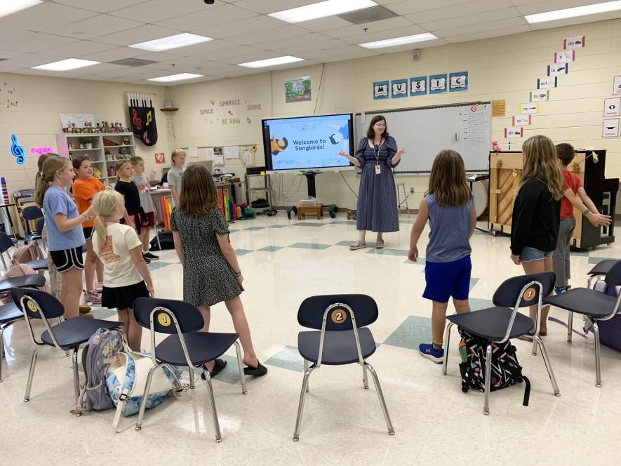Luverne Elementary music teacher Kira Degerness (center, at piano) rehearses with the Luverne Street Music Songbirds Children’s Choir Sept. 30 in her music room. The 12-member choir will debut Sunday, Dec. 7, in a grand finale performance at the Palace Theatre in Luverne. Pictured from left are Oliver Prahm, Liam Strassburg, Eden Uithoven, Emery Sandager, Hattie Sandbulte, Ingrid Sandager, Amelia LeBrun, Helena Prahm, Presley Mundt, Ava Lafrenz and Alex Bjorkman. Missing is Maria Sandager.