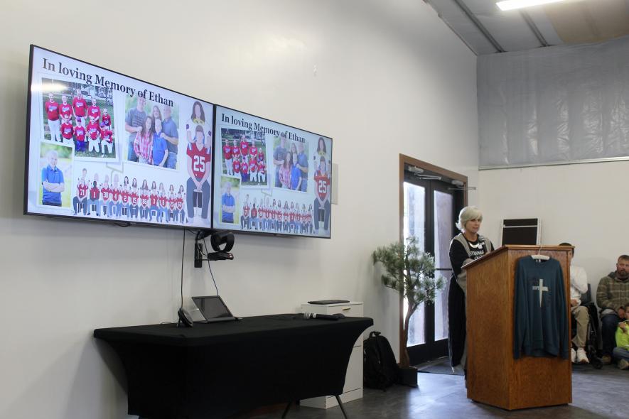 Missy Bass welcomes more than 100 friends, family and supporters at E’s Fieldhouse in Hills Sunday afternoon for the five-year celebration of Game Plan 4 Hope. Bass, along with her husband, Jeff, and Aaron and Heather Erickson, started Game Plan 4 Hope to support families as they face similar life-altering events such as a paralyzing injury or fighting cancer. Sunday also marked the fifth anniversary of the Ericksons’ son Ethan’s death from cancer at age 12.Mavis Fodness/Rock County Star Herald Photo