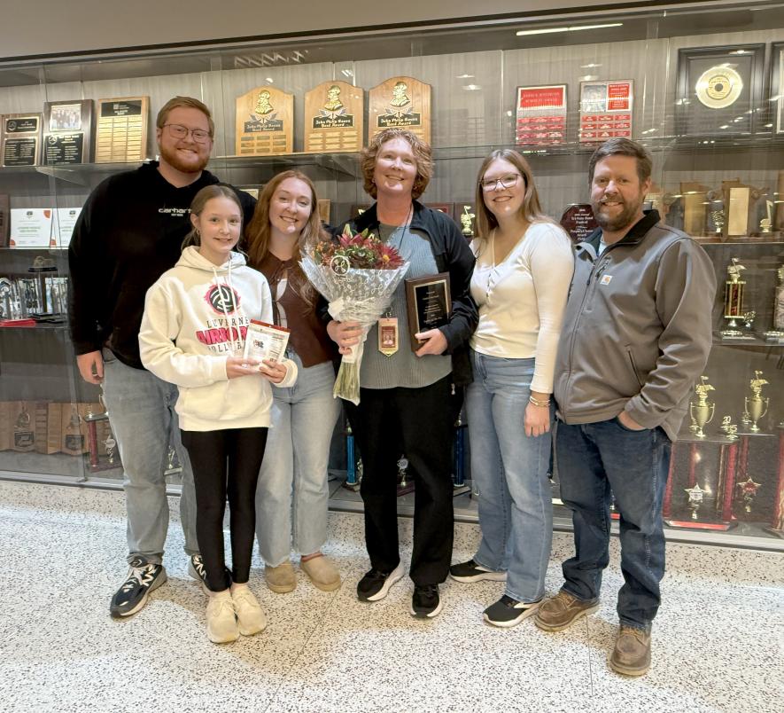 Luverne Elementary School teacher Laura Louwagie was named the 2026 Teacher of the Year during an American Education Week event Monday afternoon in the Luverne Middle School-High School Commons. Her family members were on hand to celebrate her recognition. Pictured are (from left) Jonah, Hadley, Reese, Laura, Nora and Chris Louwagie. Lori Sorenson/Rock County Star Herald Photo