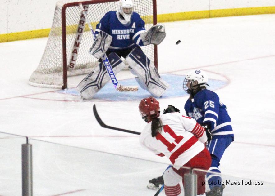LHS Ellie Van Batavia attempts to score in the first period Saturday afternoon against Minnesota River. The Luverne Cardinals fell 2-1 to the Bulldogs in the game.