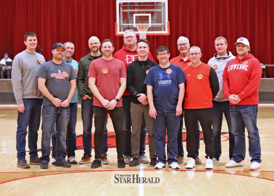 Pictured at Friday’s home game are 2005 team members (front, left to right) Andy Haakenson, Dusty Antoine, Jack Clark, manager Aaron Hoffman, coach Corey Nelson, Andrew DeBoer, (back) Marc Boelman, Nick Heronimus, John Tofteland, head coach Tom Rops, coach Kim Schmidt and Jared Pick.