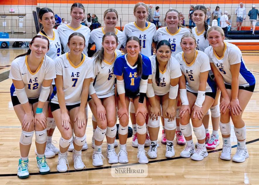 The Dragons  volleyball team  poses for a photo at the Jimmy John’s Tournament in Marshall Oct. 10  after placing  second in the event.   Players are (front left to right) Kaci Palmer, Kadelyn Cummings, Jordan Kruger, Kaedyn Bullerman, Francell Lopez Rodriguez, Ava Brown, Kamry Lehnhoff (back) Jacy Diekmann, Lily Rodrigue, Audrina Tiesler, Charlee Lehnhoff, Taylor Luing and Ashton Van Ede. (Shared image)
