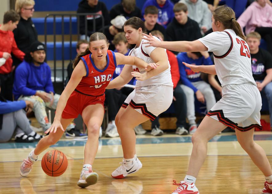 Greg Hoogeveen photo/HBCGBB2 H-BC junior Ava Steinhoff muscles her way to the hoop against RRC at home Jan. 8. The Lady Pates won the game 79-19.